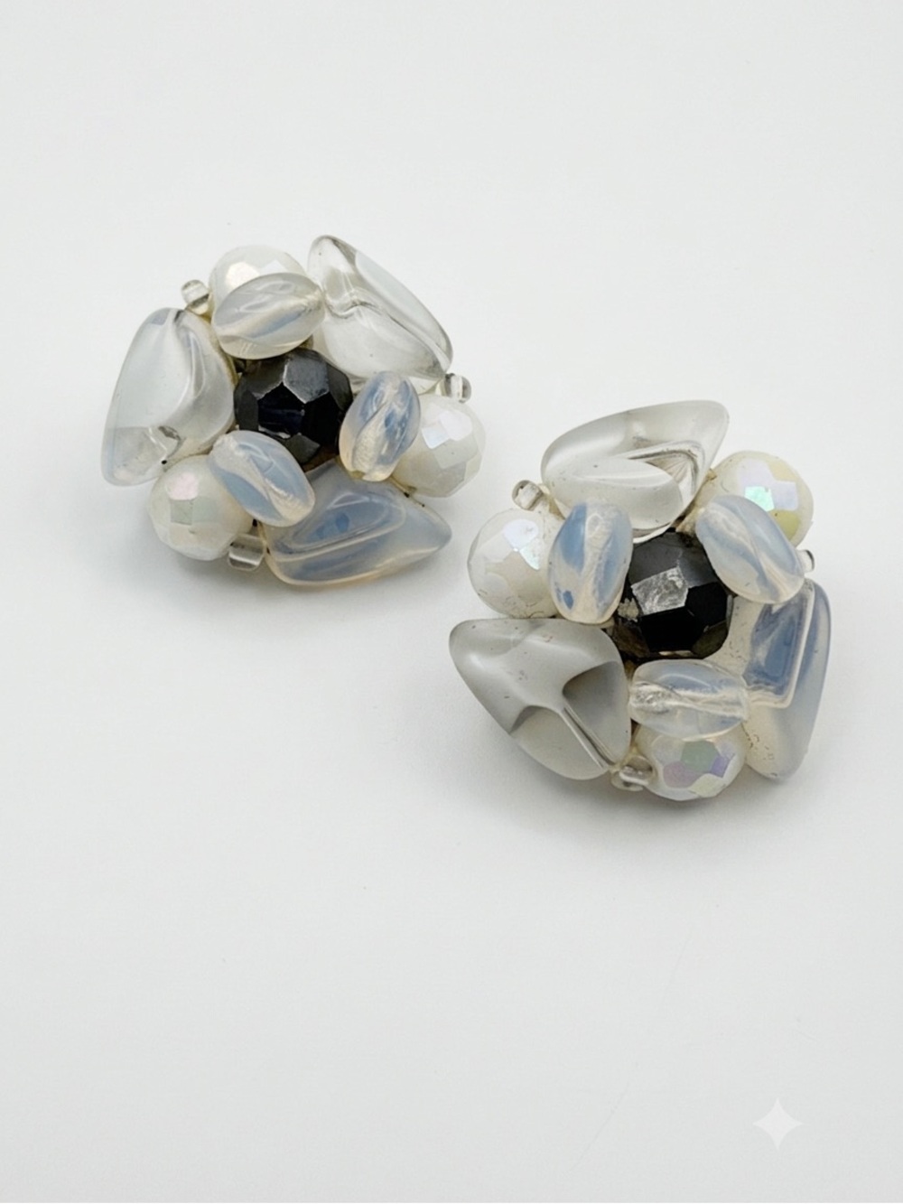 Vintage M.I.W. Germany Opalescent Beaded Cluster Clip-On Earrings. Quiet luxury
